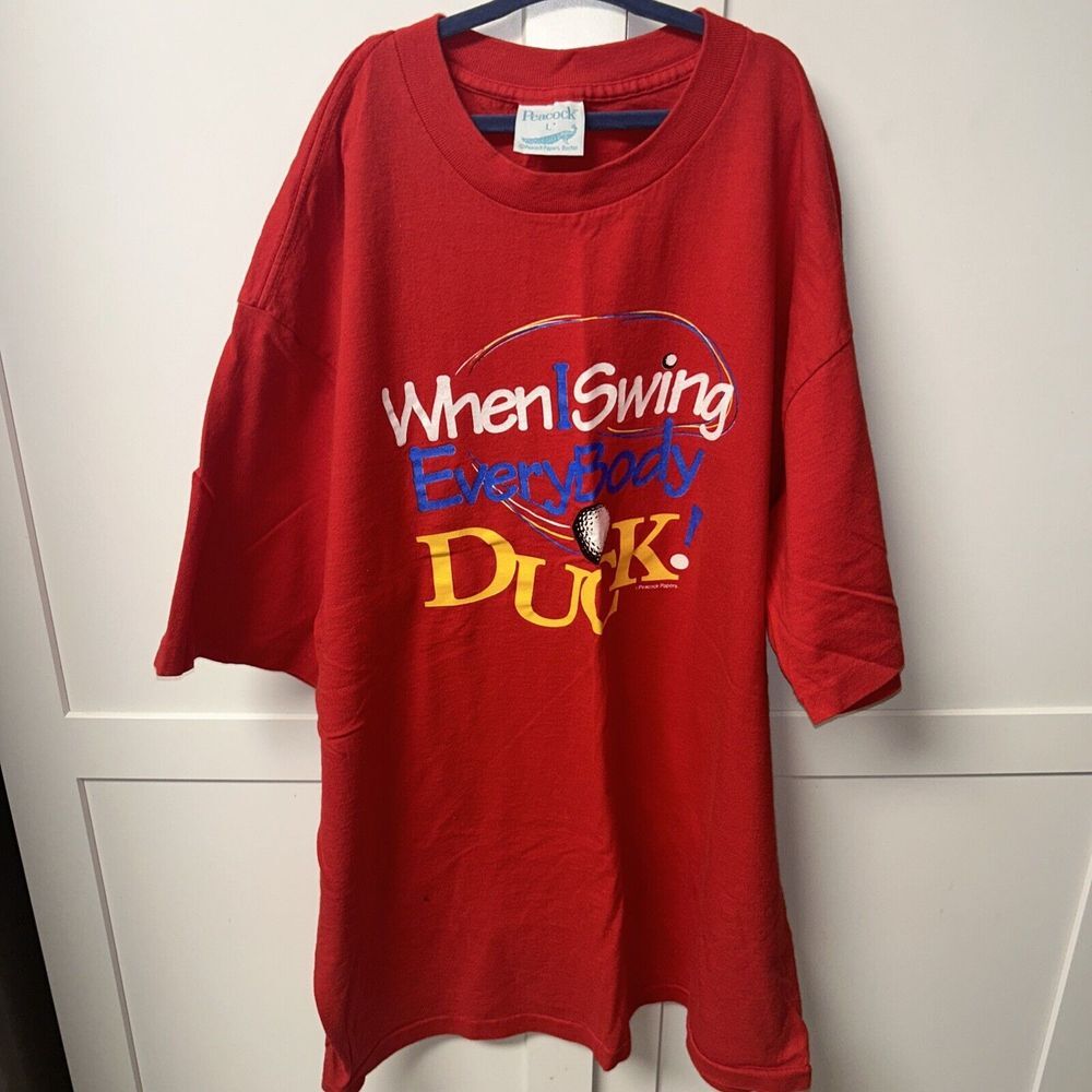 Golf Shirt Single Stitch Tshirt "When I Swing Everybody Duck" Red Mens L Peacock